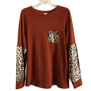 Leopard Accent Rust Waffle Knit Top